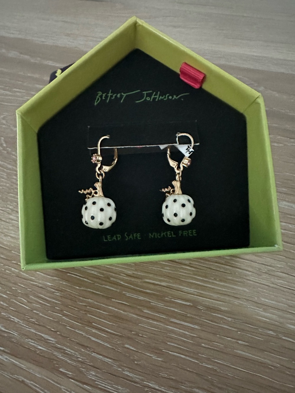 Betsey Johnson White Pumpkin Polka Dot Dangle Earrings with Gold Accents